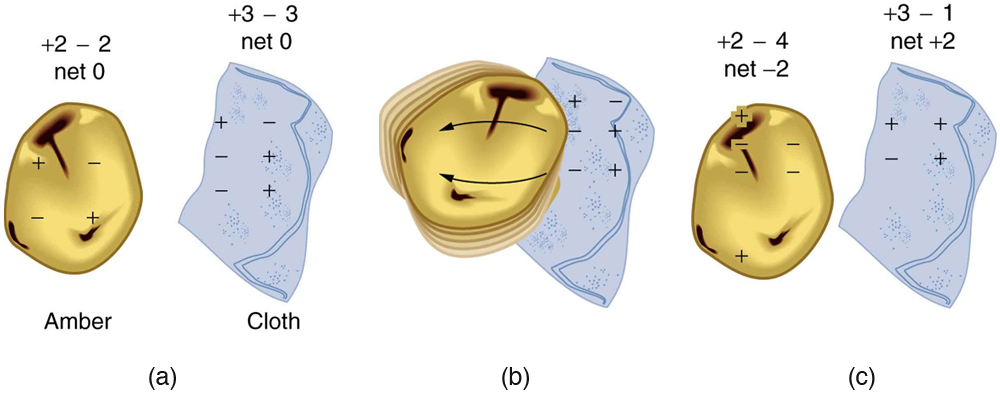 When materials are rubbed together, charges can be separated, particularly if one material has a greater affinity for electrons than another. (a) Both the amber and cloth are originally neutral, with equal positive and negative charges. Only a tiny fraction of the charges are involved, and only a few of them are shown here. (b) When rubbed together, some negative charge is transferred to the amber, leaving the cloth with a net positive charge. (c) When separated, the amber and cloth now have net charges, but the absolute value of the net positive and negative charges will be equal.